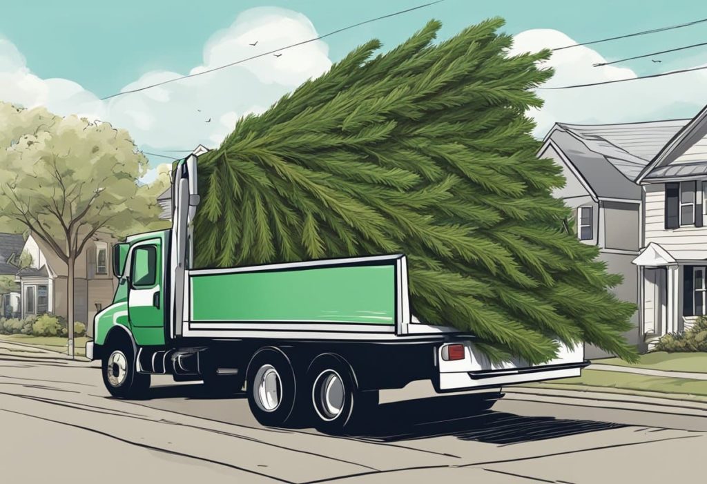 truck carrying a huge pine tree in the bed