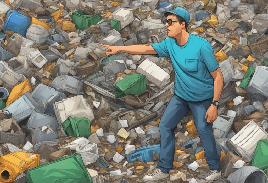 Man pointing and blaming while standing in a trash pile