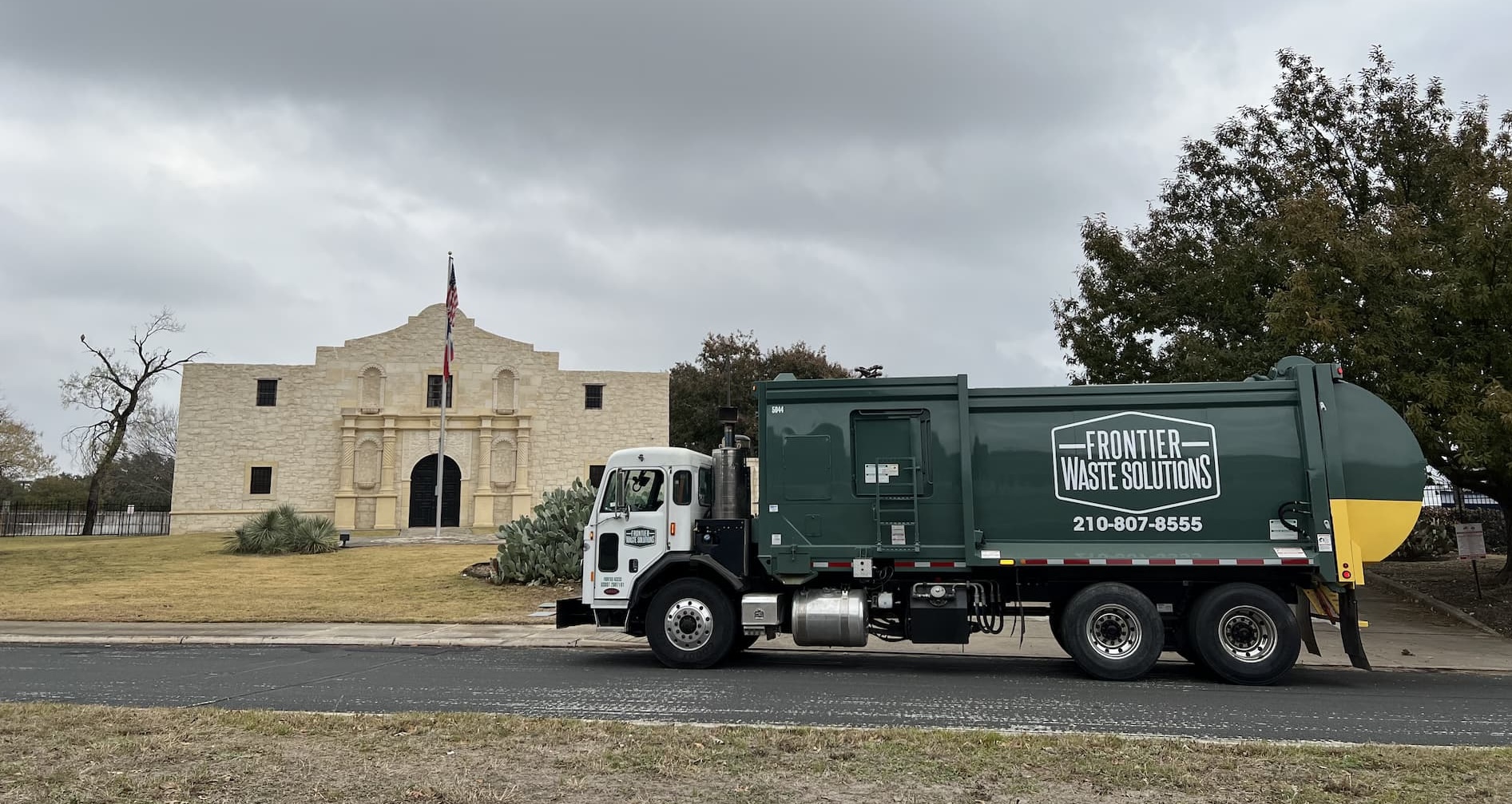 Frontier Waste Solutions truck in front of the Alamo, San Antonio