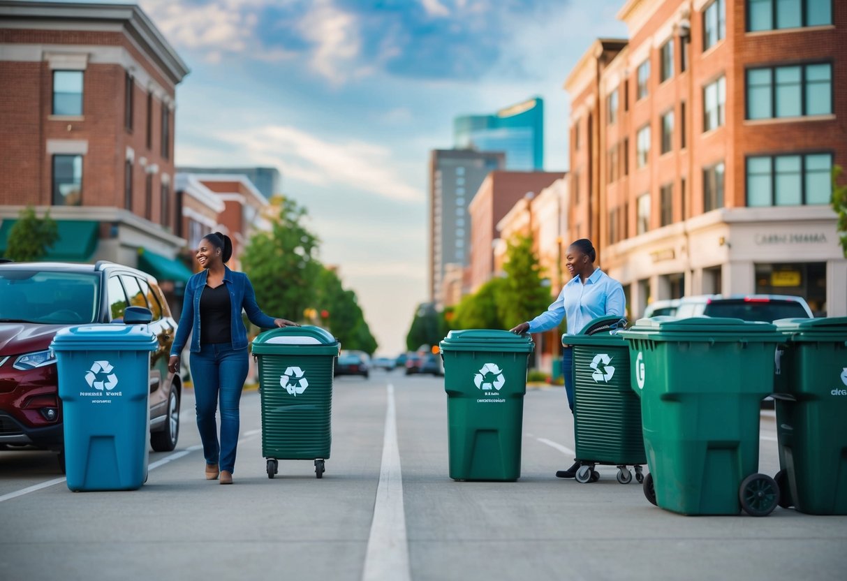 A bustling community and a thriving business district implementing various waste management strategies