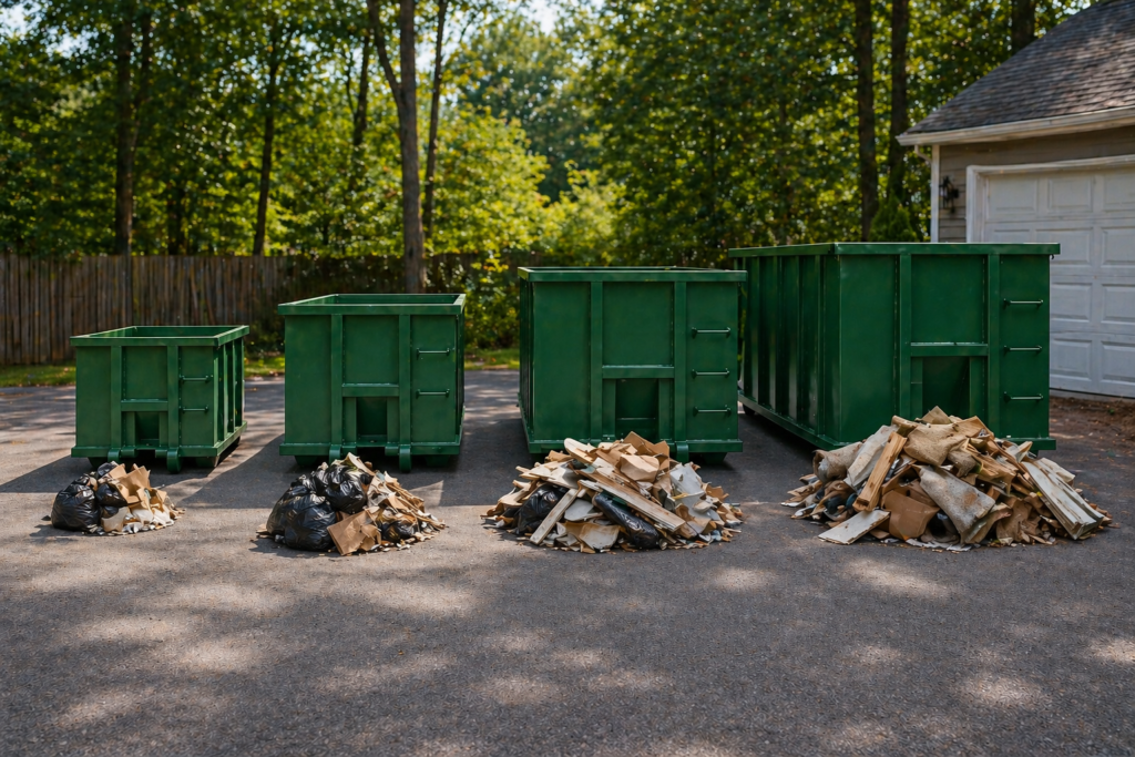 Green dumpsters and suburban yard setting
