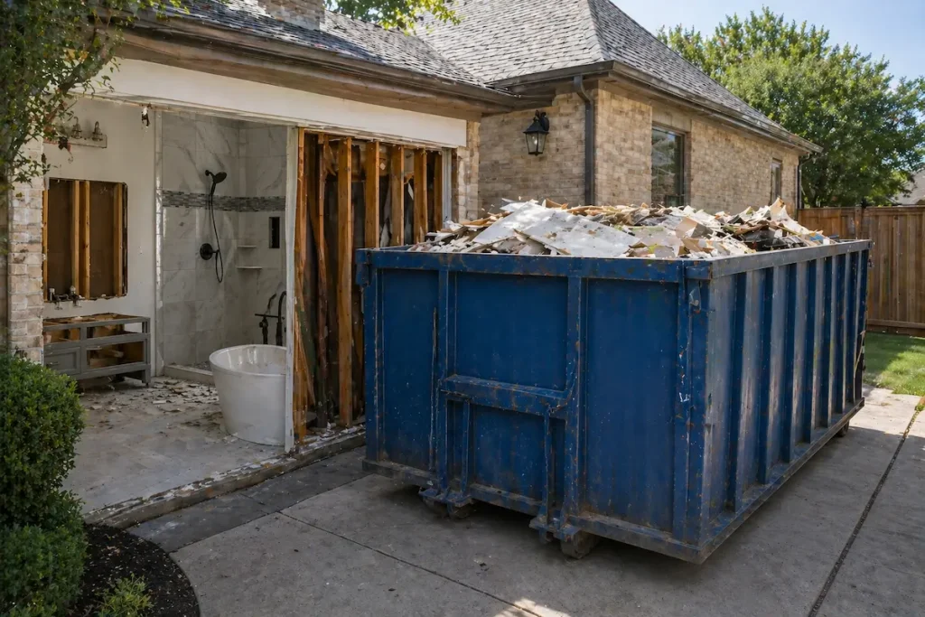 House renovation with construction debris