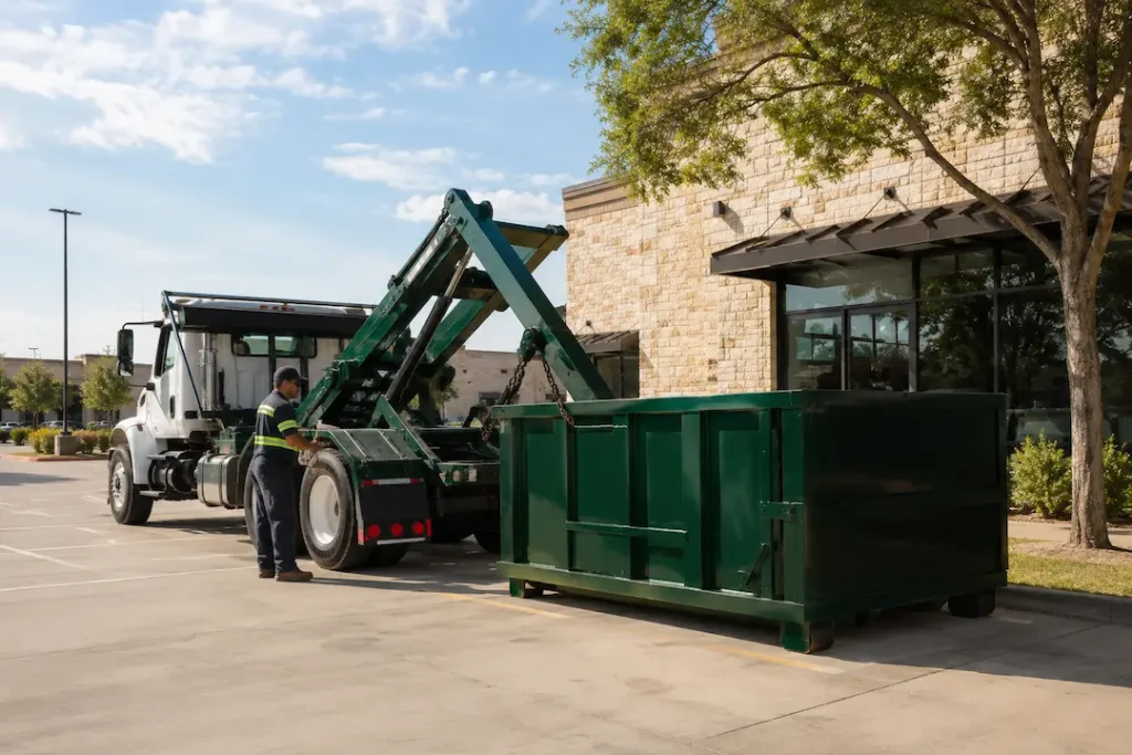 business owner setting up dumpster service Dallas