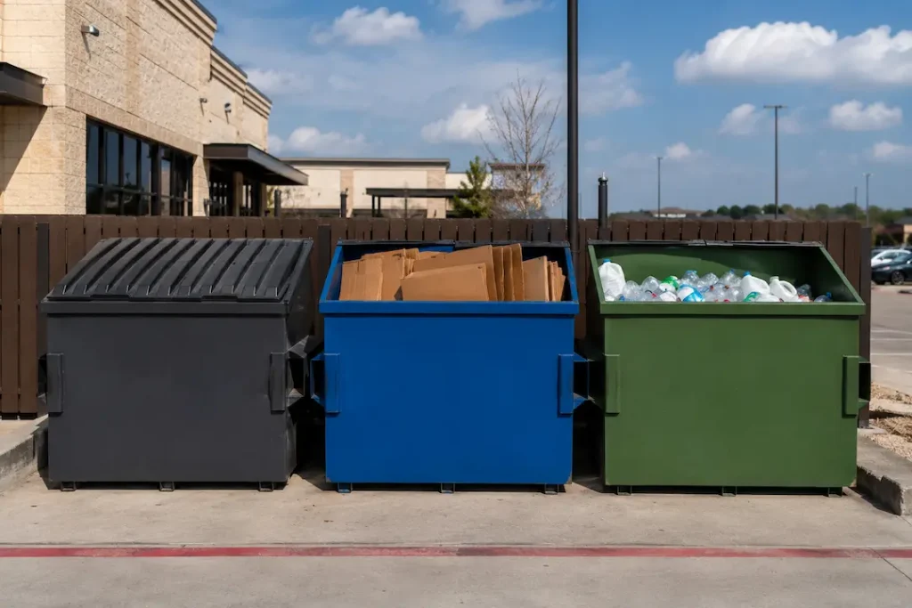 Commercial waste collection bins for a Dallas, TX business — trash, cardboard, recycling
