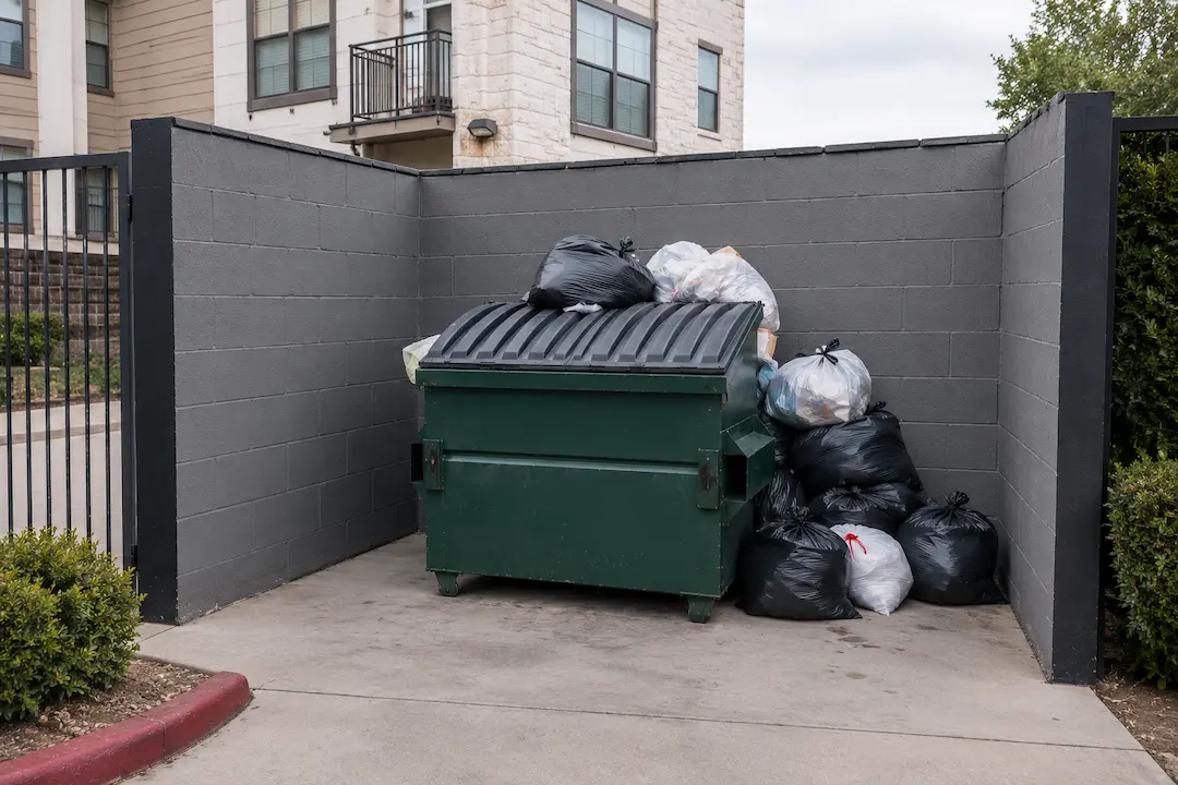 overflowing apartment complex dumpster corral