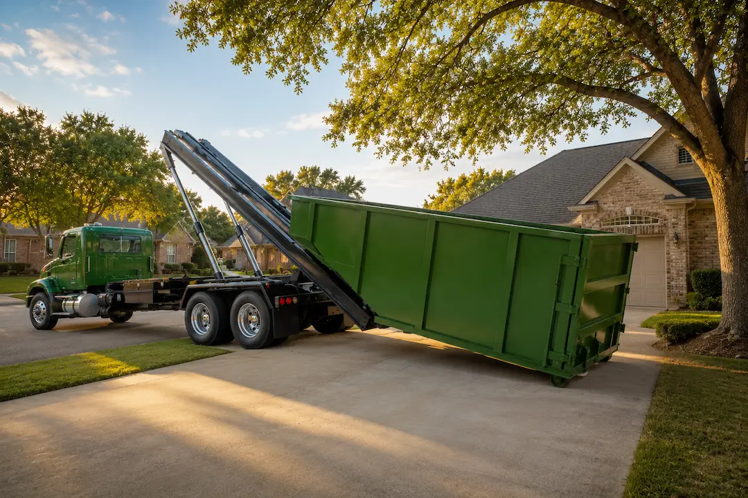 roll-off delivery truck lowering a dumpster in Dallas
